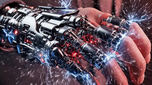 A person's hand with a robotic exoskeleton emitting blue sparks and red lights