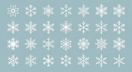 Collection of White Snowflake Icons on Light Blue Background. © wardani