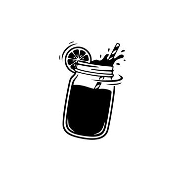 Refreshing Lemon Drink in Mason Jar with Straw Splash Minimal Black Silhouette Beverage Illustration
