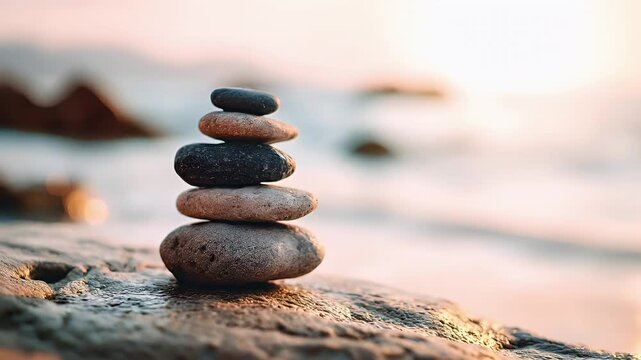 Zen Buddhism, meditation, inner peace, Chinese Japanese Asian tradition. Therapy stress release treatment, health lifestyle. A stack of pebbles balanced on a rock by the ocean at sunset.