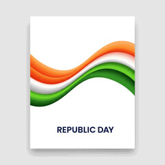 Obraz premium Republic Day poster design featuring a wavy Indian flag pattern in orange, white, and green on a white background with blue text.
