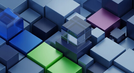 Fototapeta premium 3D Cubes in Modern Minimalist Style with Bright Colorful Lighting on Geometric Background for Technology Advertising