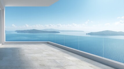 Fototapeta premium Luxury Balcony View with Ocean Panorama, Island Scenery, and Modern Architecture on a Sunny Day