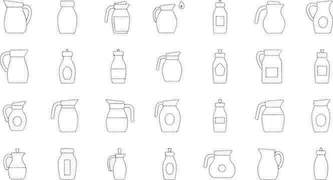 Thirty two different types of jugs and pitchers in a dotted line style outline.