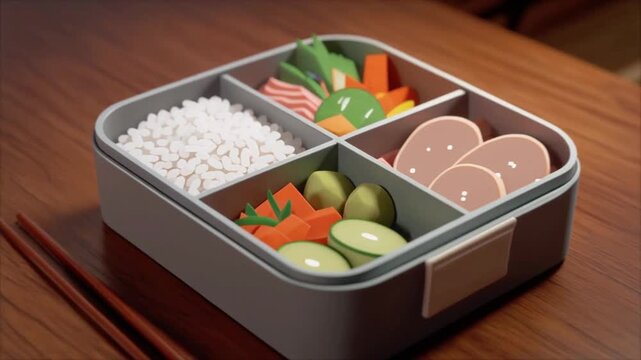 Close-up high-angle still life of a bento box with rice vegetables and meat in a compartmentalized container with chopsticks on a wooden table
