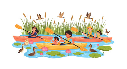 Fototapeta premium Illustration of a family kayaking on a serene wetland ecosystem with birds and lily pads on World Wetlands Day, surrounded by tall grasses and a peaceful atmosphere.
