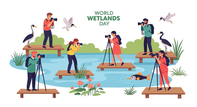 Illustration of people with binoculars and cameras observing wetland wildlife on World Wetlands Day with a crane and other birds in a serene ecosystem.