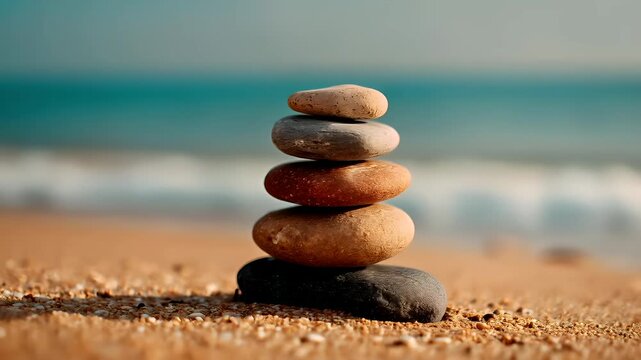 Zen Buddhism, meditation, inner peace, Chinese Japanese Asian tradition. Therapy stress release treatment, health lifestyle. A stack of pebbles on a sandy beach.