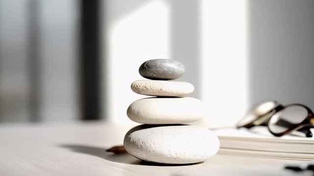 Zen Buddhism, meditation, inner peace, Chinese Japanese Asian tradition. Therapy stress release treatment, health lifestyle. A stack of pebbles balanced on top of a white table.