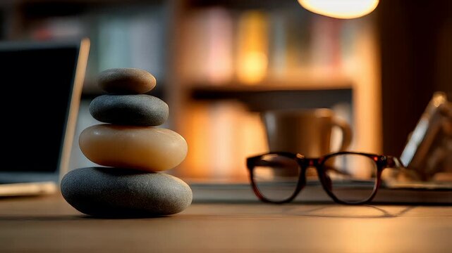 Zen Buddhism, meditation, inner peace, Chinese Japanese Asian tradition. Therapy stress release treatment, health lifestyle. A closeup of a stack of pebbles, a laptop.