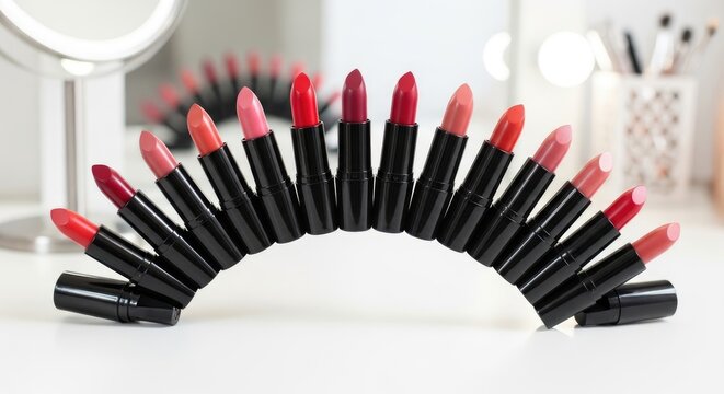 Collection of vibrant lipsticks arranged in a semi-circle.