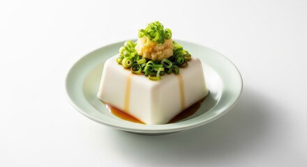 Refreshing Hiyayakko, chilled silken tofu topped with grated ginger and chopped green onions, drizzled with soy sauce on a light green plate.