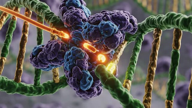Molecular structure of DNA with protein complex and energy transfer.