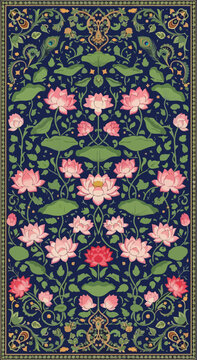 Pichwai style lotus garden wallpaper, symmetrical Indian temple art, sacred lotus flowers, flowing vines, traditional Rajasthan ornament, intricate floral pattern, rich decorative background, vector i
