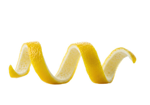 extreme macro close-up of a long, spiraling lemon zest helix, showing vivid yellow flavedo and white albedo on a reflective white surface. concept of culinary precision and freshness