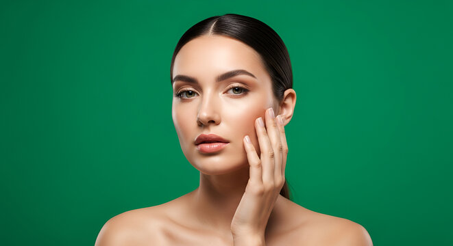 Portrait of a woman with flawless skin and makeup touching her face against a solid green background in soft studio lighting conveying beauty and