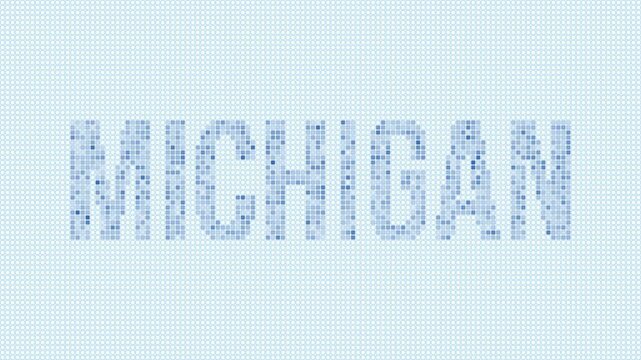 Michigan, United States dotted map animation. Digital style shape of the state. Michigan, United States shape and title dots appear with bulb flickering effect. Intro, outro, logo, title video.