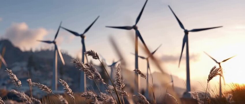 Wind turbines in natural landscape generating clean renewable energy