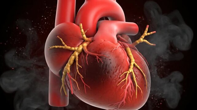 Medical 3D Animation of Beating Human Heart Muscle Damage and Clogged Coronary Arteries from Smoking