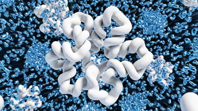A 3D illustration of white, spiral-shaped objects surrounded by numerous small, blue particles against a dark background