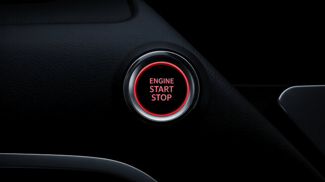 Close up of a red illuminated engine start stop button on a car dashboard
