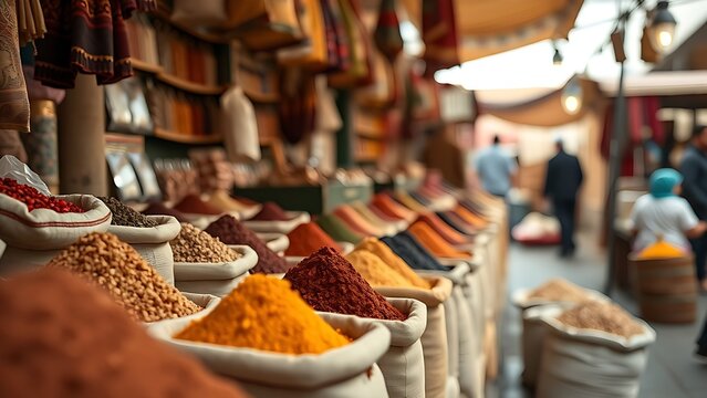 pasilla. Spice stall in a market with sacks of colorful spices. menu design, packaging mockups, designed for culinary blogs and recipe cards for restaurants, inspires cooking.
