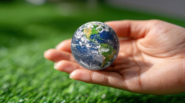 Globe in Hand: Conceptual Image Representing Environmental Conservation, Sustainability, and Global Awareness on a Green Background