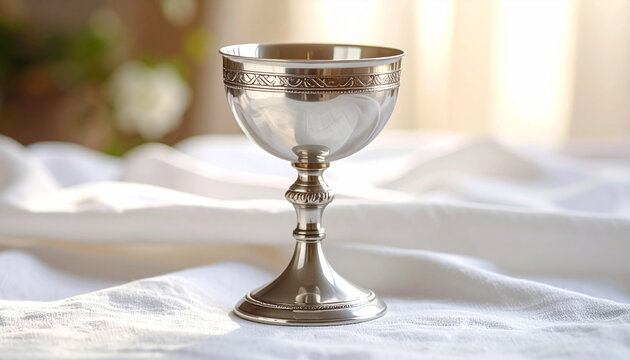 Elegant silver chalice with intricate decorative band, displayed on a white cloth in soft natural light