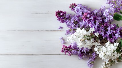 Obraz premium Floral composition of lilac flowers on a white wooden background creating a spring aesthetic