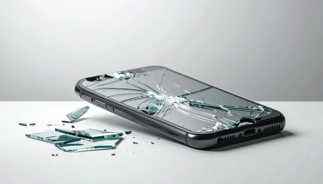 Shattered smartphone display with broken glass fragments scattered on a light surface, illustrating accidental device damage and the common need for electronic repair