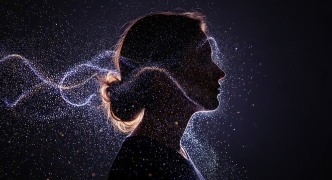 A woman's silhouette with glowing particles and a dark background.