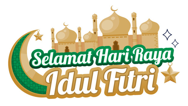 Happy Eid al-Fitr greetings in Indonesian in green and gold with a mosque and crescent