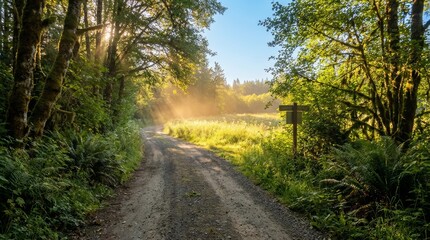 Fototapeta premium Golden Sunbeams Piercing Through Forest Trees Illuminating a Winding Dirt Road and Misty Green Clearing in Early Morning Light