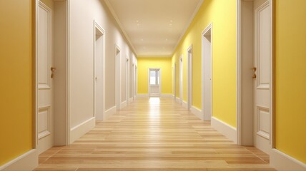 Obraz premium Long Interior Hallway with Yellow and White Walls and Multiple Doors, Perspective View