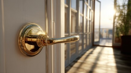 Fototapeta premium Elegant Gold Door Handle Opening to Sunlit Balcony, Inviting Access and Modern Interior Design