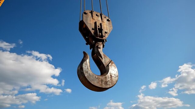 Heavy crane hook against blue sky