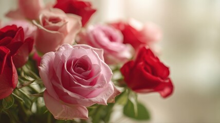 Obraz premium Romantic bouquet of roses in shades of red and pink, perfect for Valentine's Day and special occasions