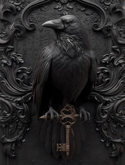 Obraz premium a raven perched on an ornate key, with black metalwork and embossed details. in the background is a gothic wall with dark textures and patterns