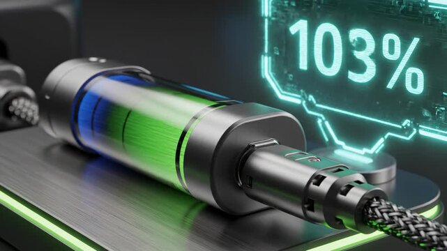 Futuristic battery with advanced charging technology and high capacity display.