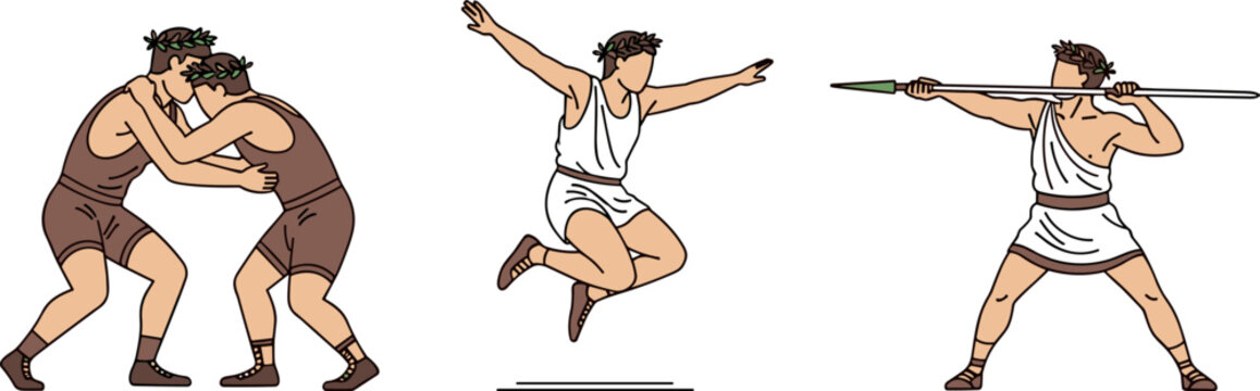 Ancient Greek Olympic Athletes Set with Wrestling Jumping and Javelin Throw in Flat Design Style