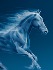 Naklejka premium Ethereal Blue Horse Silhouette in Mystical Abstract Digital Art Displaying Graceful Motion and Whimsical Freedom