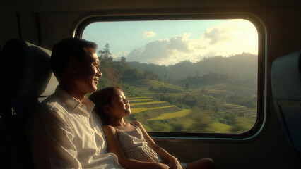 Fototapeta premium A father and daughter enjoy a scenic train journey, gazing out at beautiful terraced landscapes bathed in golden sunlight.