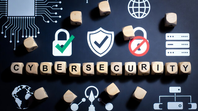 Wooden blocks spelling 'CYBERSECURITY' are surrounded by diverse digital security icons.
