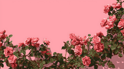 Blooming Roses on Pink Background - Floral Arrangement with Leafy Branches in Soft Spring Colors for Garden Decor and Romantic Botanical Art