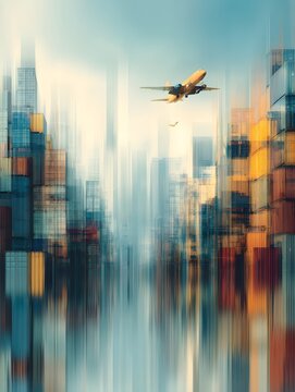 Modern urban cityscape with high-rise buildings and a commercial airplane soa above downtown du daytime with a reflection effect