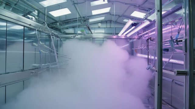 Technician Observing Steam-Filled Chamber with UV Light Effects