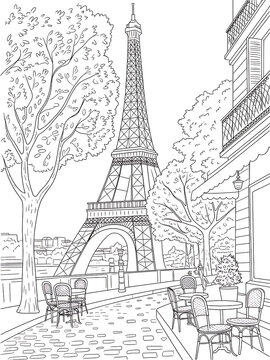 Eiffel Tower Paris Cityscape Outline Coloring Page with Cafes and Street Scene in Romantic Atmosphere Line Art