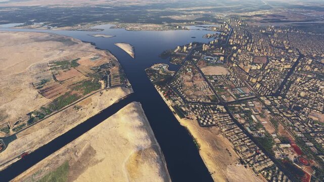 Top aerial drone shot of the Suez Canal. Egypt