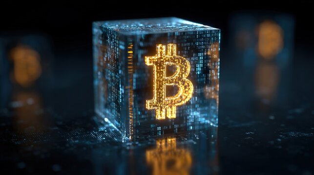 A glowing gold Bitcoin B symbol within a high-tech transparent glass cube, against a deep blue abstract digital code matrix background; a digital security concept; futuristic cryptocurrency investment