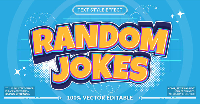 Editable text effect vector &ldquo;Random Jokes&rdquo; features bold playful lettering with humorous vibes, perfect for comedy posts, funny quotes, memes, and entertainment designs.